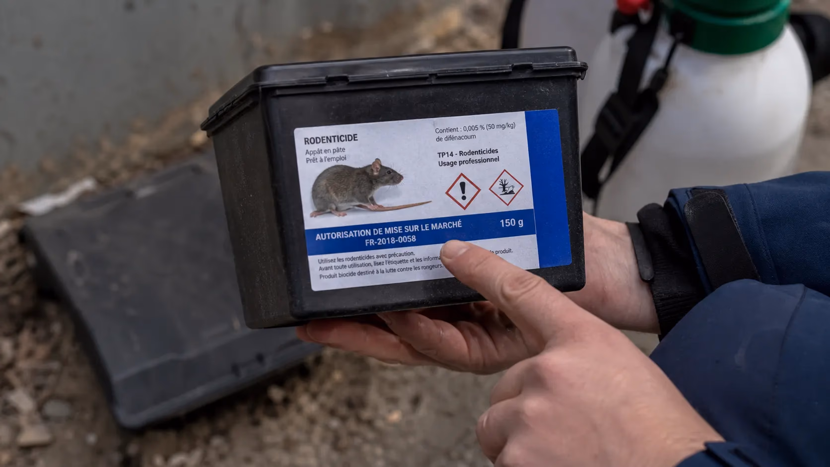 Gros plan d'une main tenant une boîte de rodenticide, doigt pointant le numéro d'autorisation de mise sur le marché imprimé sur l'étiquette