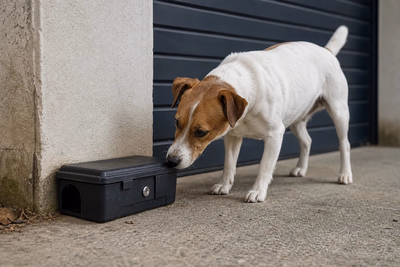 Chien curieux reniflant une station d'appâtage en plastique noir verrouillée posée le long d'un mur de garage