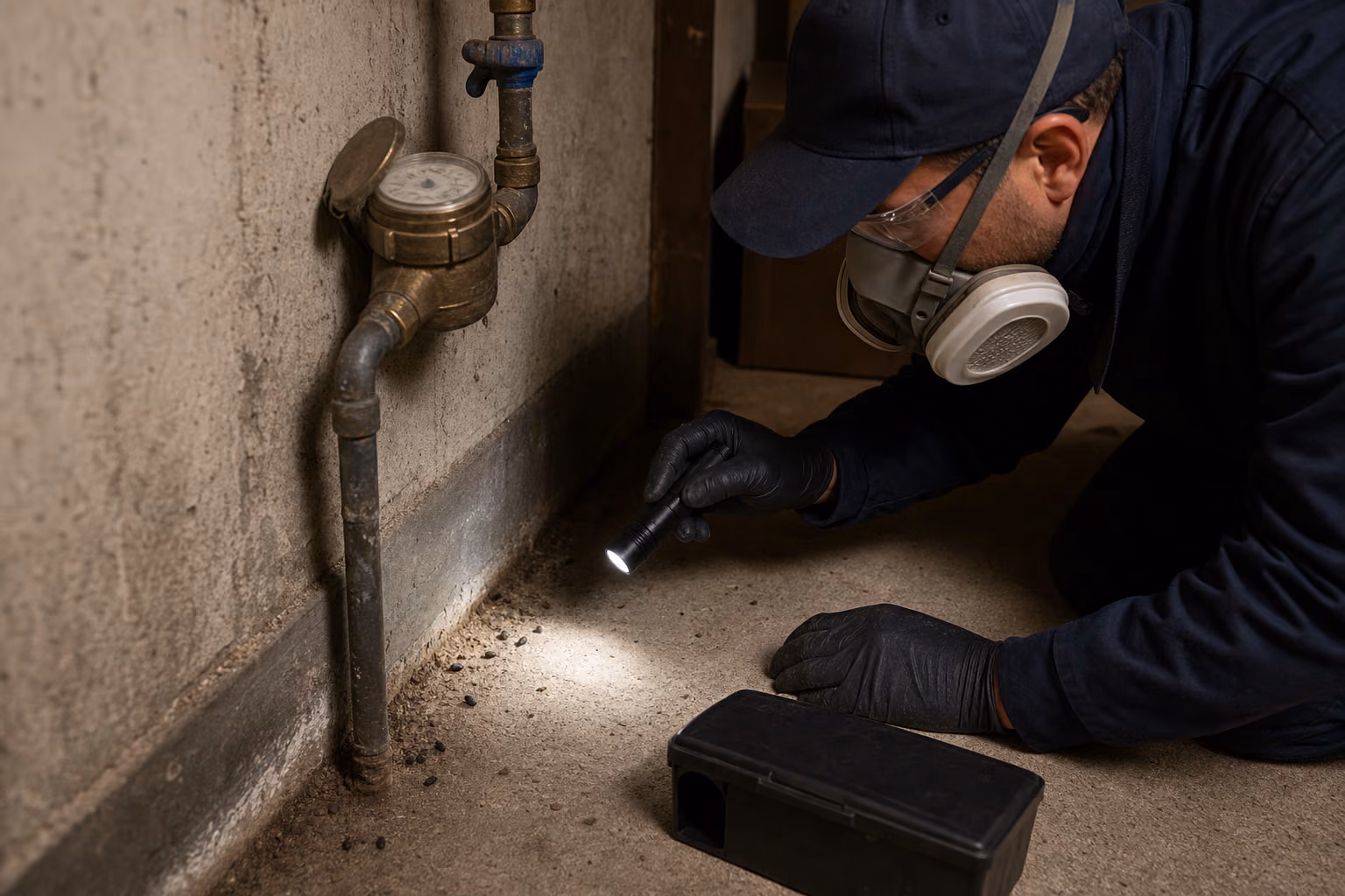 Coin de cave faiblement éclairé avec compteur d&#39;eau, joint mur-sol et petites crottes sombres visibles près d&#39;une plinthe