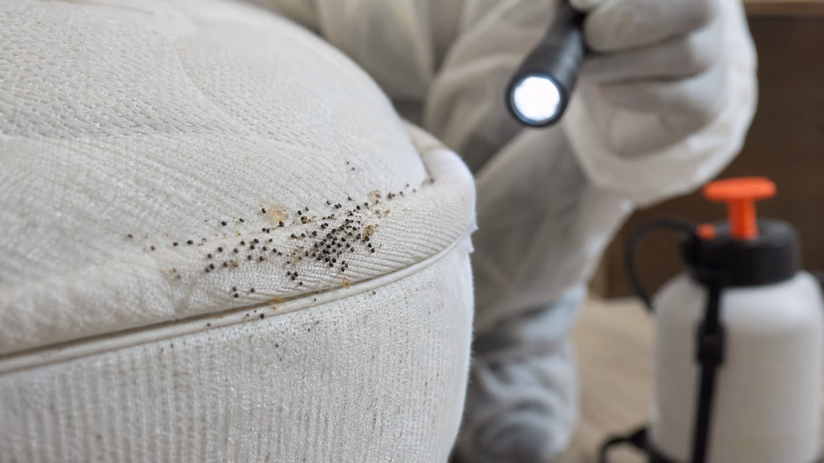 Gros plan sur des taches noires et des mues translucides le long de la couture d'un matelas