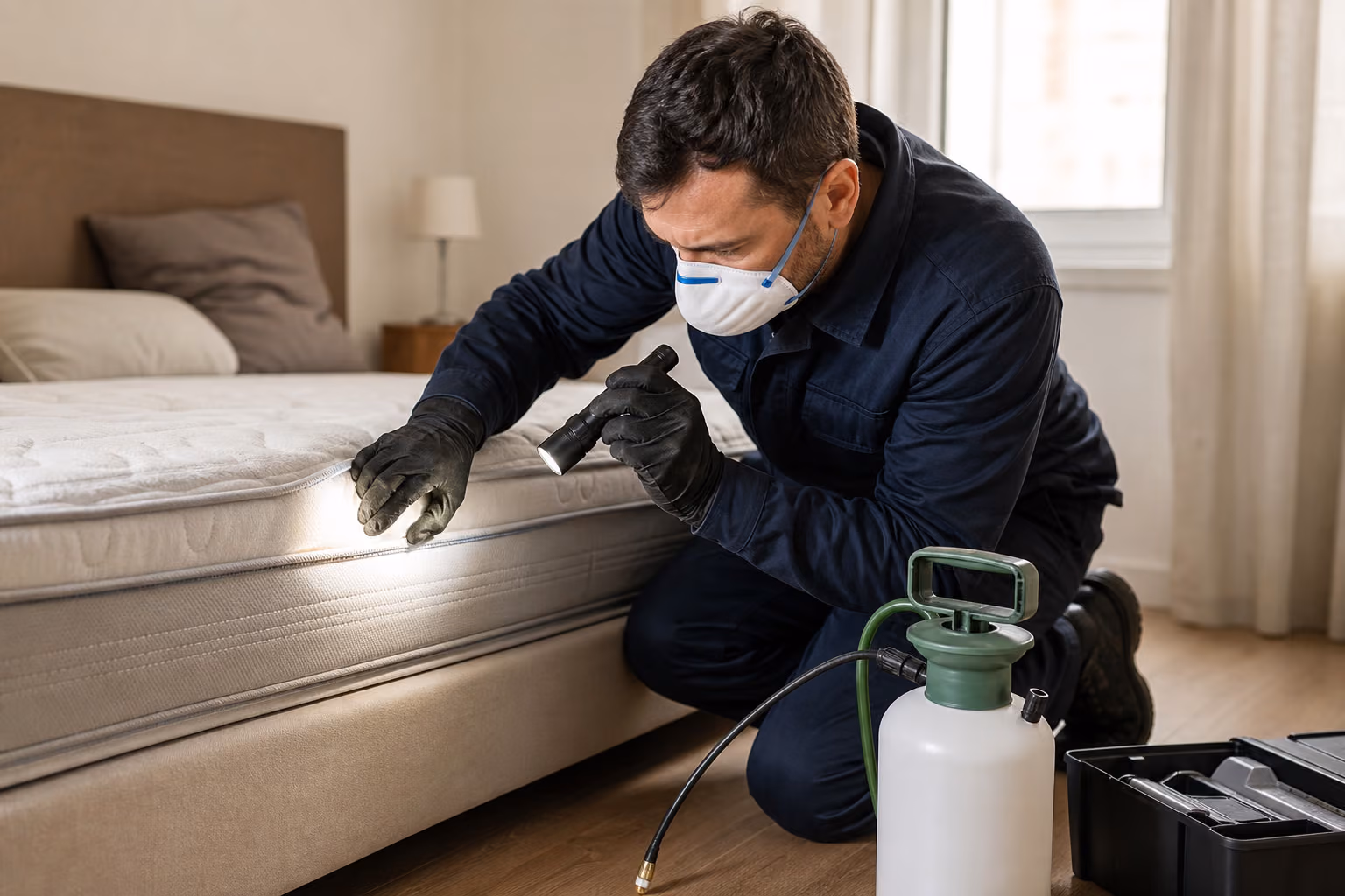 Personne agenouillée inspectant à la lampe torche les coutures d&#39;un matelas dans une chambre claire