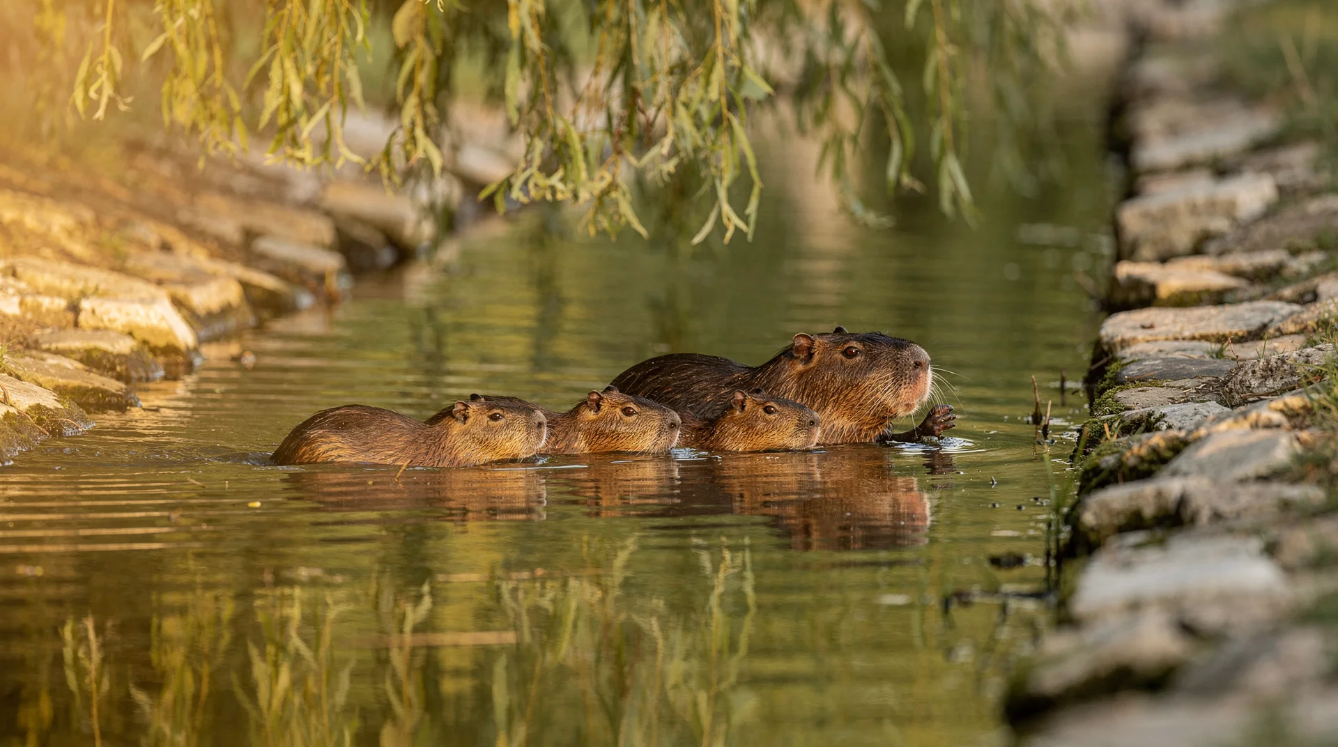 Famille de ragondins nageant dans un canal du sud de la France