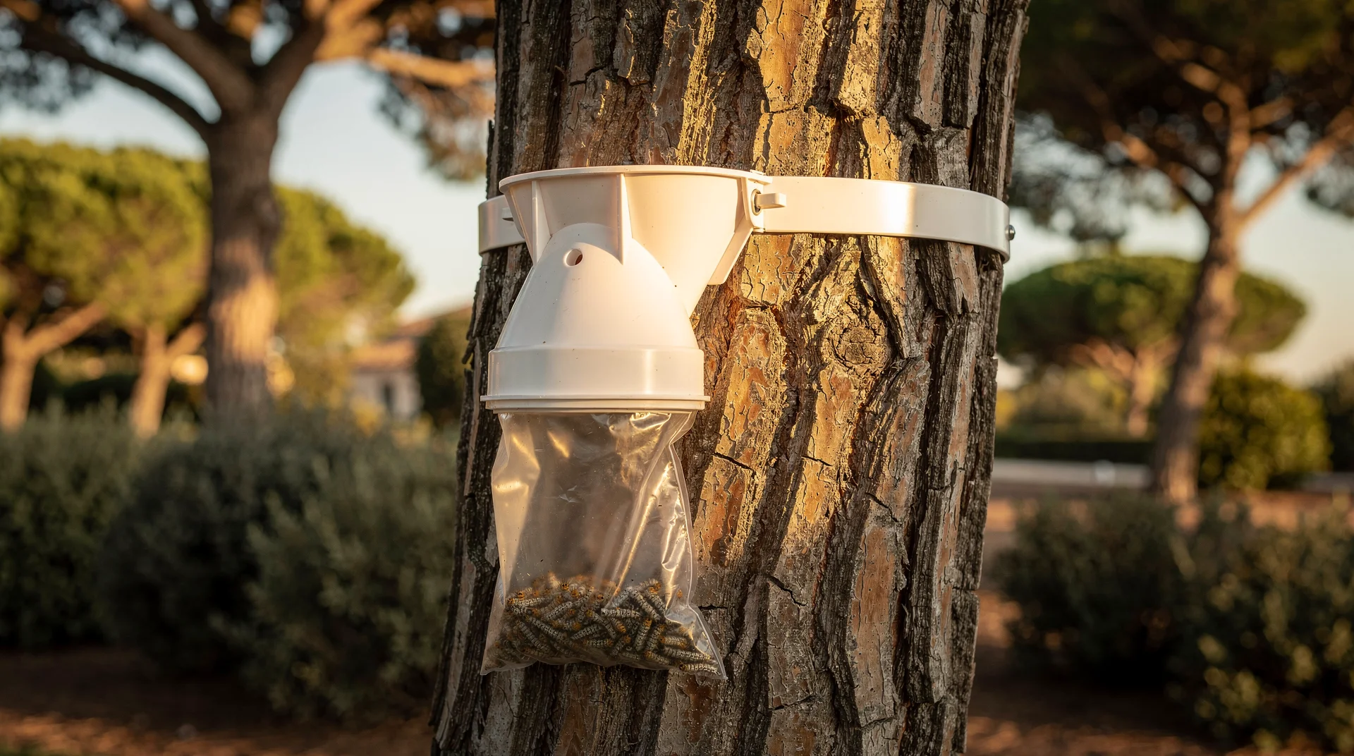 Collier-piège professionnel installé sur le tronc d'un pin pour capturer les chenilles processionnaires lors de la descente