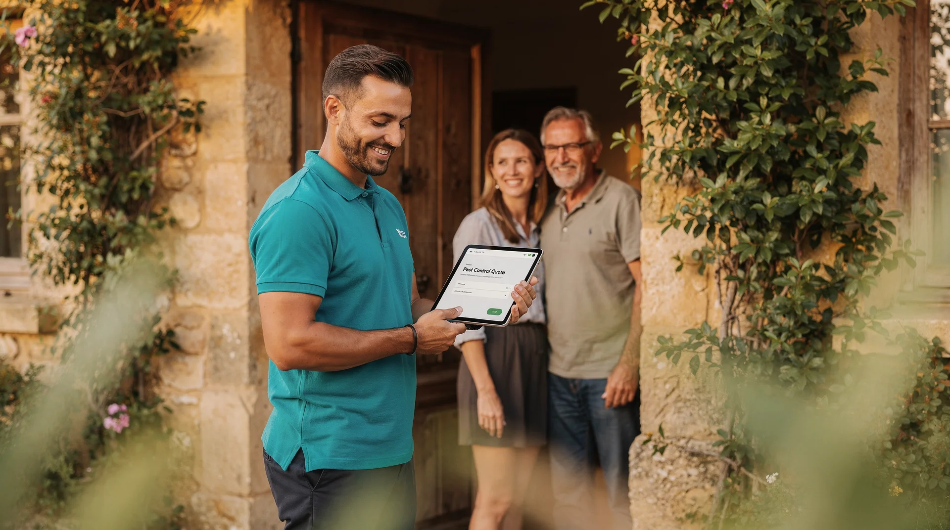 Consultant anti-nuisibles discutant avec des clients