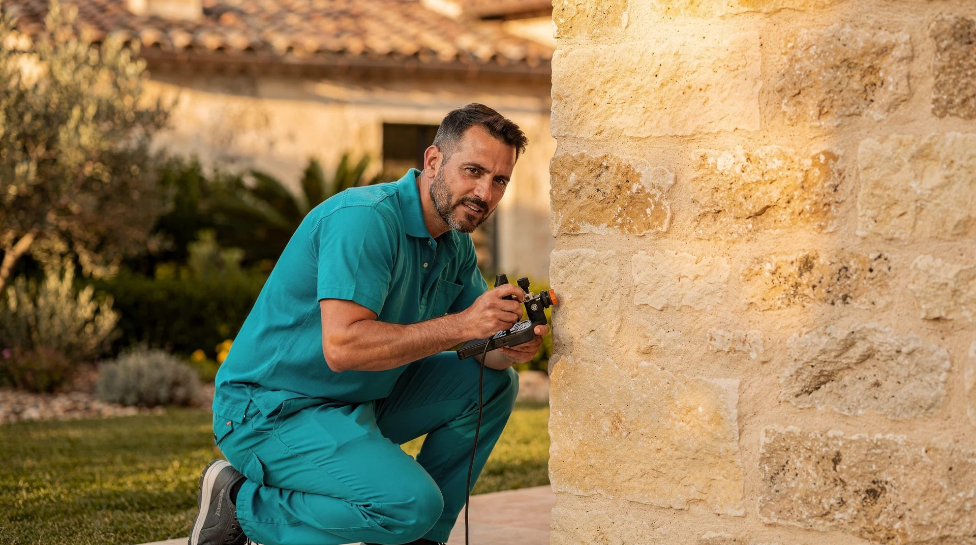 Technicien anti-nuisibles inspectant une maison dans le sud de la France